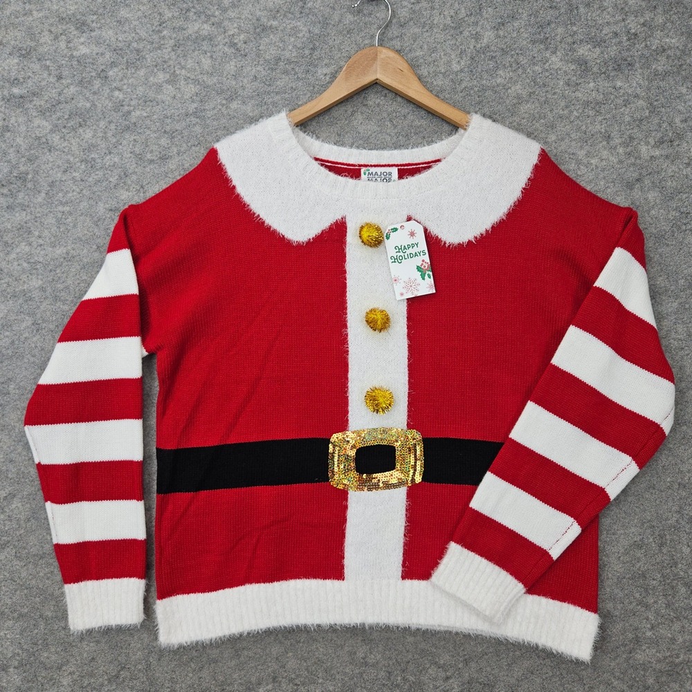 NEW Major Label Group Santa Claus Sweater Women's Large Red White Sequin Belt